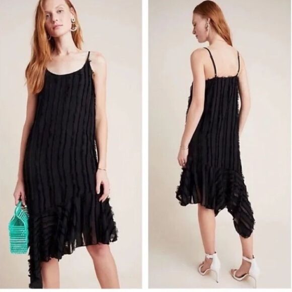 Anthropologie Eri +Ali Black Fringed Asymmetrical Slip Midi Dress - Picture 1 of 6